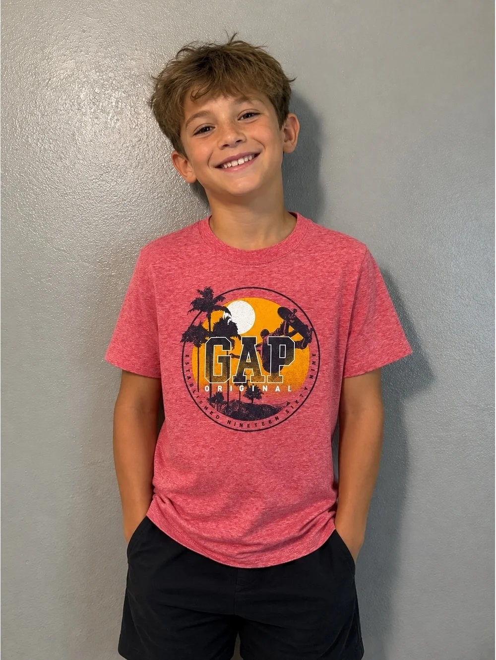 GAP Original Sunset Skate Graphic Tee Kids Red Heather Short Sleeve